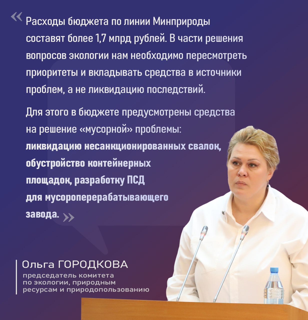 Председатель комитета Верховного Совета по экологии, природным ресурсам и природопользованию Ольга Городкова о бюджете на 2026 год