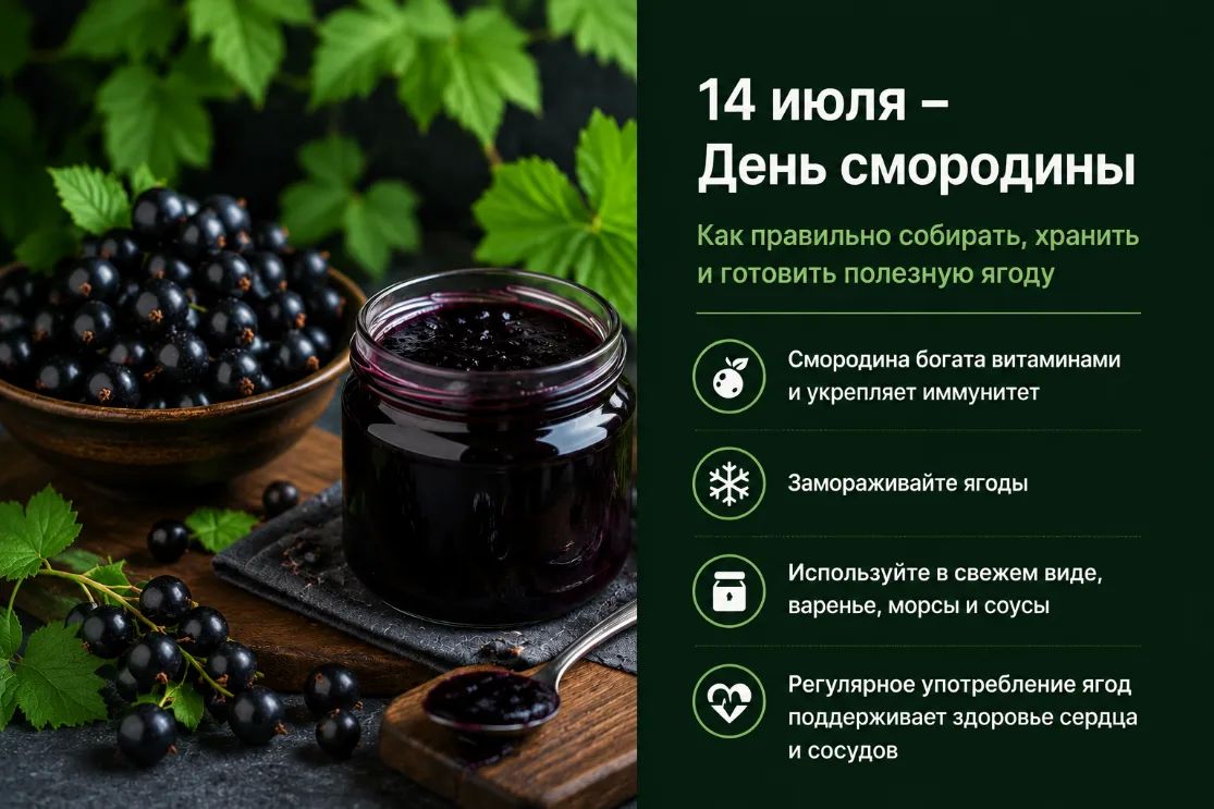 День смородины. 14 июля в России отмечается День смородины. Эта ягода богата витаминами C, P, K, группы B, эфирными маслами, антоцианами и флавоноидами